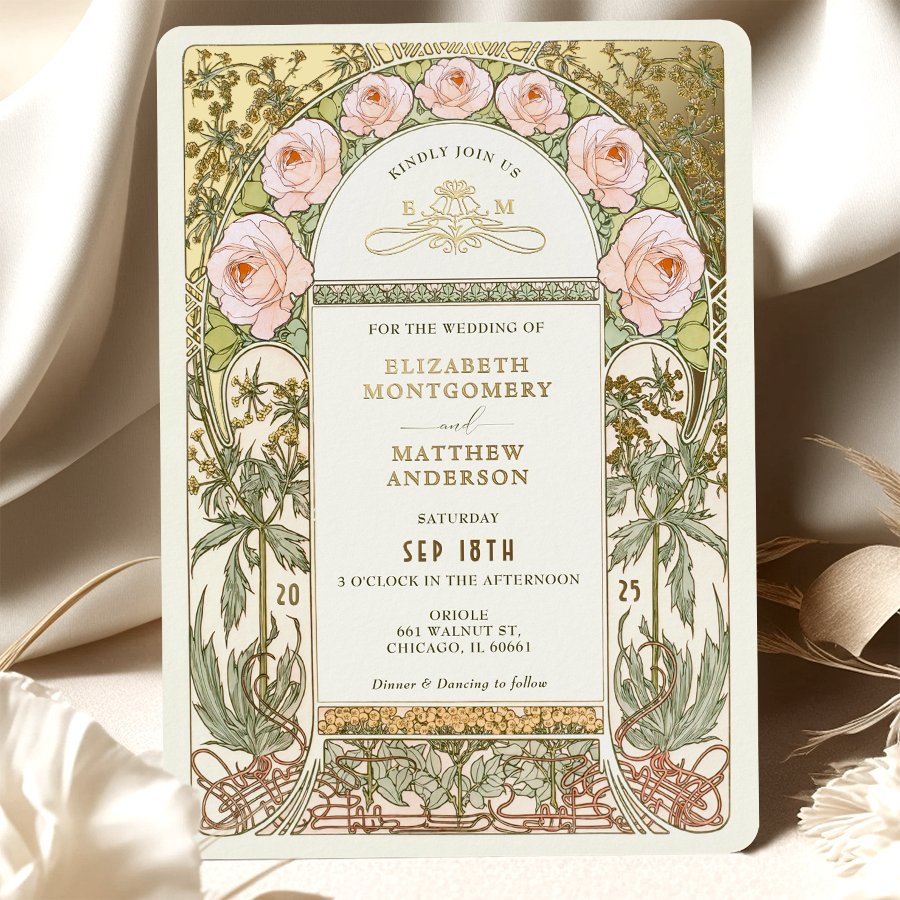 Blush Pink Roses Vintage Wedding Art Nouveau Foil Invitation