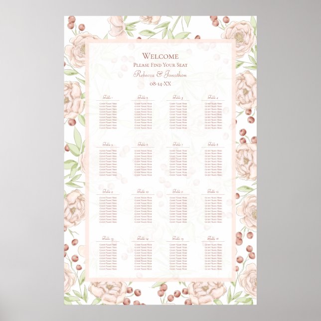 Blush Pink Roses Vintage Wedding Seating Chart (Front)