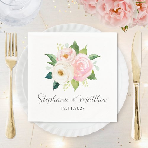 Blush Pink Roses Watercolor Botanical Wedding Napkins