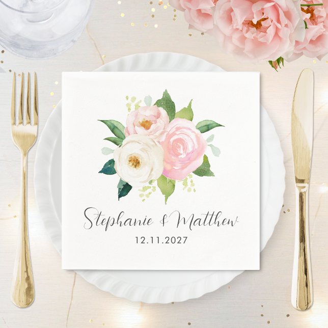 Blush Pink Roses Watercolor Botanical Wedding Napkins (Creator Uploaded)