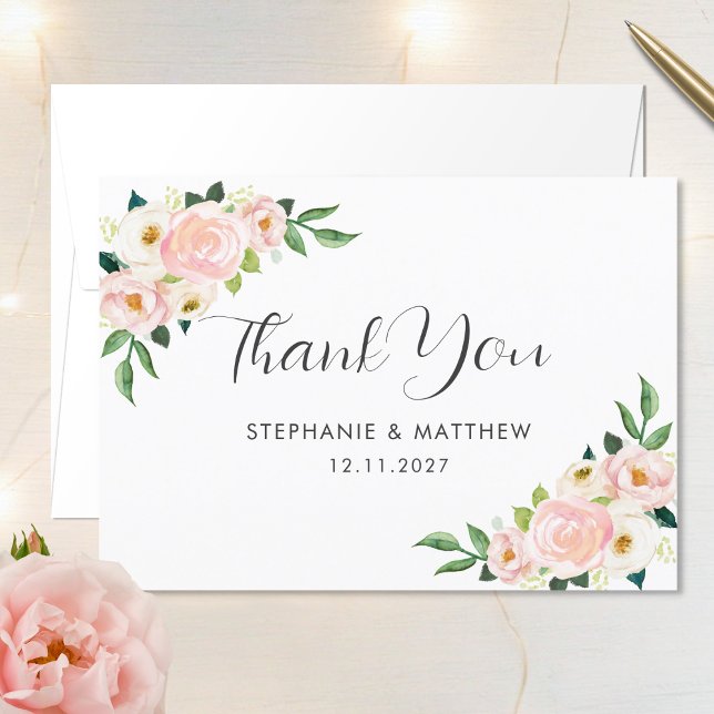 Blush Pink Roses Watercolor Botanical Wedding Thank You Card (Creator Uploaded)