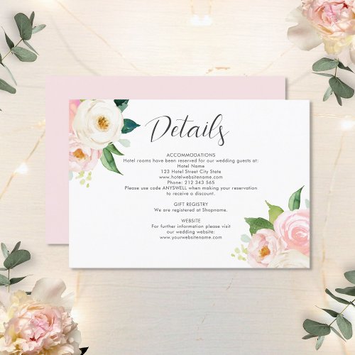 Blush Pink Roses Watercolor Wedding Details Enclosure Card