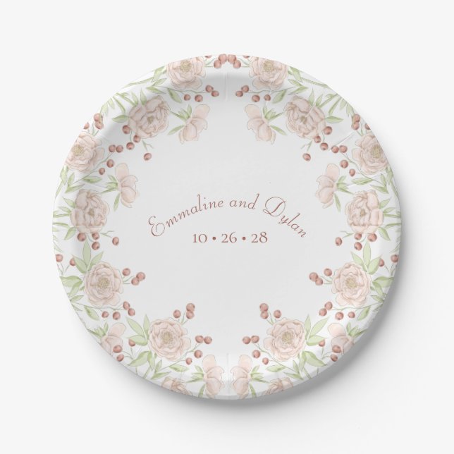 Blush Pink Roses Wedding Paper Plates (Front)