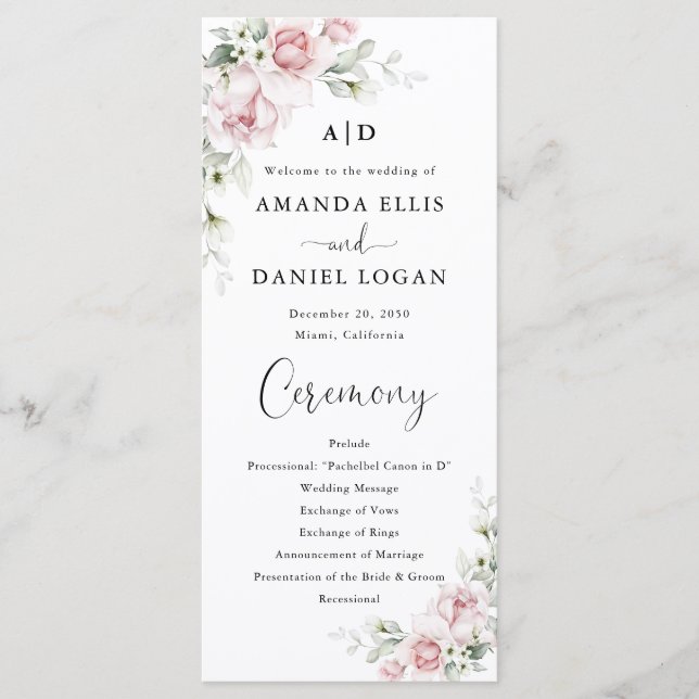 Blush Pink Roses Wedding Program (Front)