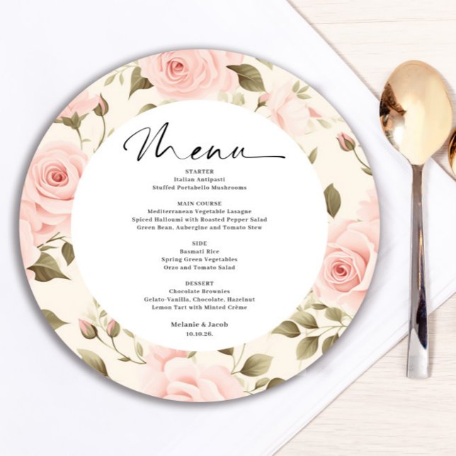 Blush Pink Roses Wedding Round Menu Card (Creator Uploaded)