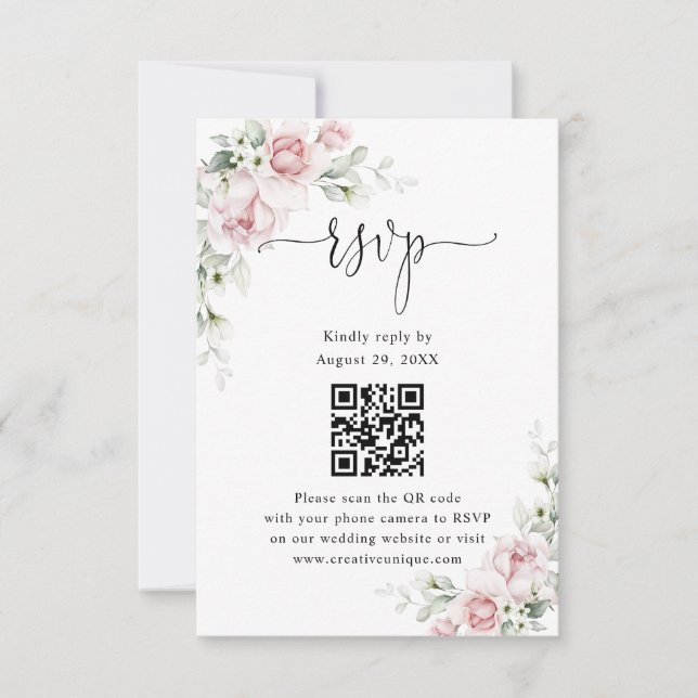 Blush Pink Roses Wedding Website QR Code RSVP Card (Front)