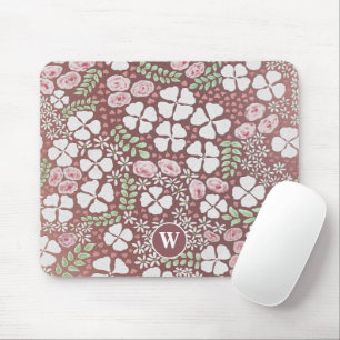 Blush Pink Roses White Floral Rose Gold Monogram Mouse Pad