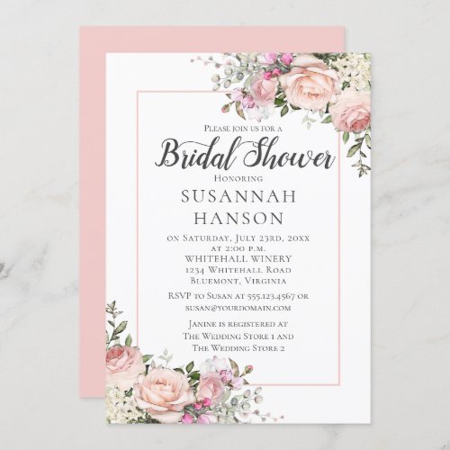 Blush Pink Roses White Hydrangeas Bridal Shower Invitation