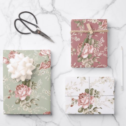 Blush Pink Roses White Sage Old Rose Background Wrapping Paper Sheets