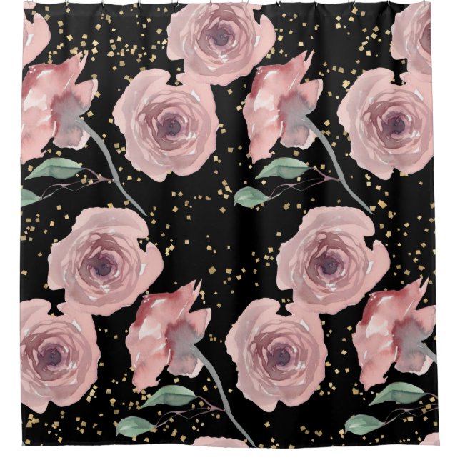 Blush Pink Roses with Gold Sparkles on Black Shower Curtain (Front)