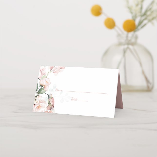 Blush Pink Roses with Hummingbird Wedding Place Card (Front)