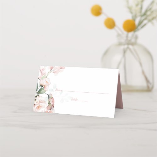 Blush Pink Roses with Hummingbird Wedding Place Card