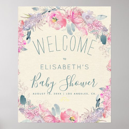 Blush pink roses wreath baby shower welcome sign