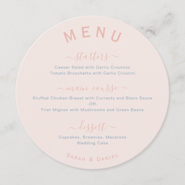 Blush Pink Round Blue Dusty Rose Wedding Menu (Front)