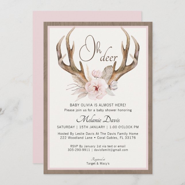 Blush Pink Rustic Baby Shower Invitation – Boho Fl (Front/Back)
