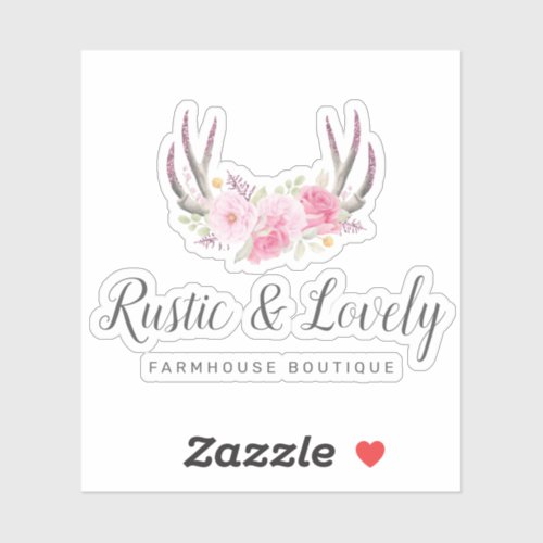 Blush Pink Rustic Floral Antlers Boutique Logo Sticker