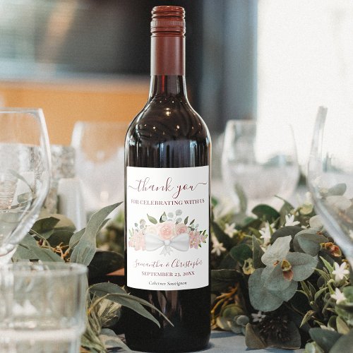 Blush Pink Rustic Floral Elegant Wedding Thank You Wine Label