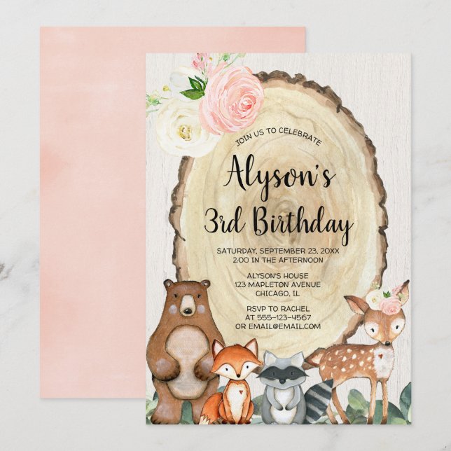 Blush pink rustic floral girl woodland birthday invitation (Front/Back)