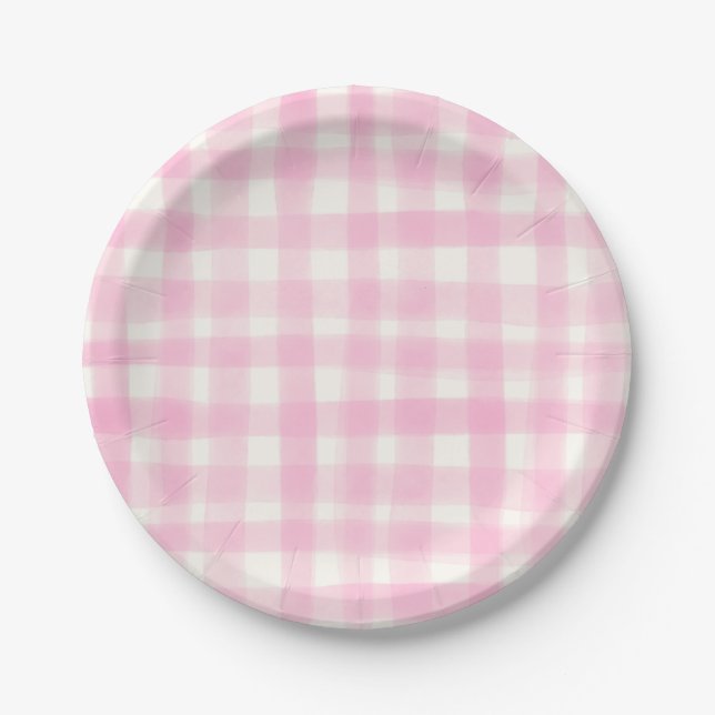 Blush Pink Rustic Hand-Drawn Gingham Paper Plates (Front)
