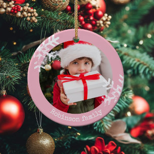 Blush Pink Rustic Photo Snowflake Holiday Ceramic Ornament