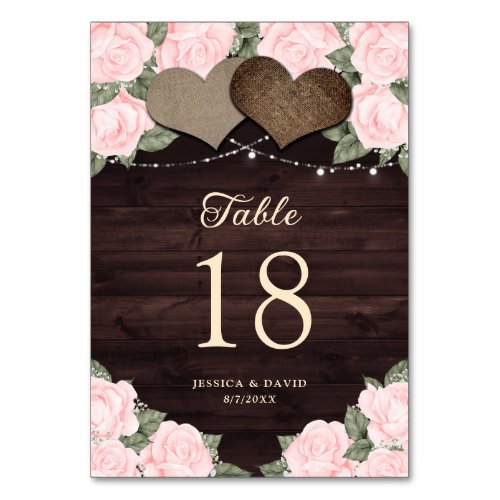 Blush Pink Rustic Wood Burlap Hearts Floral Table Number