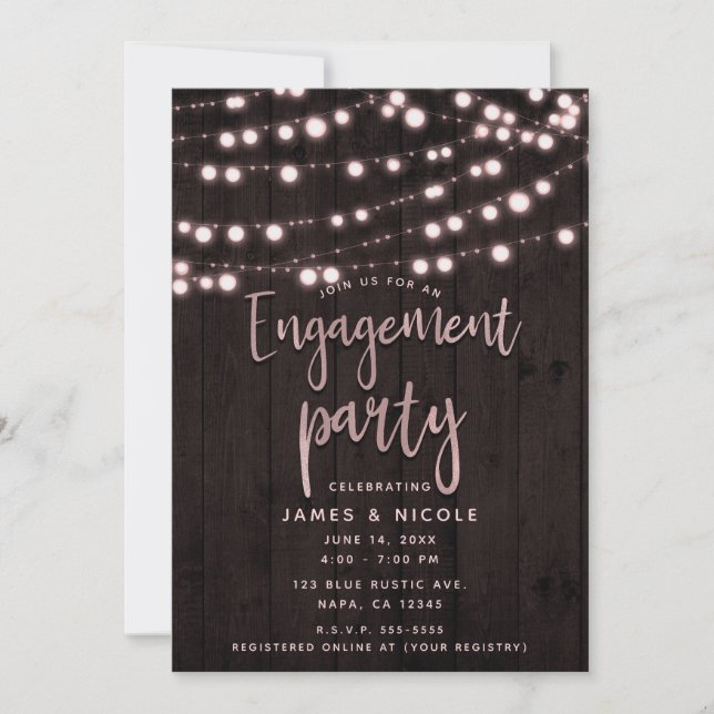 Blush Pink Rustic Wood & Lights Engagement Party Invitation (Front)