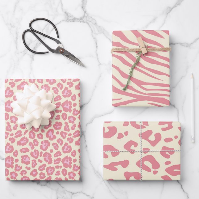 Blush Pink Safari Animal Leopard Print Wrapping Paper Sheets (Front)