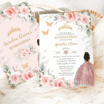 Blush Pink Sage Floral Brown Princess Quinceañera Invitation<br><div class="desc">This chic Quinceañera birthday invitation features a pretty brown girl dressed in a sparkly rose gold / blush ball gown, watercolor blush pink floral and soft greenery foliage. Personalize it with your details easily and quickly, simply press the customise it button to further re-arrange and format the style and placement...</div>