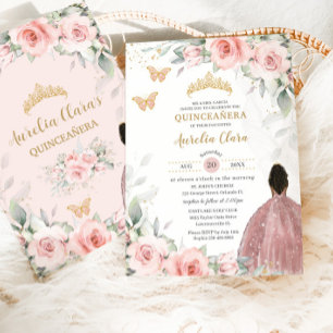 Blush Pink Sage Floral Brown Princess Quinceañera Invitation