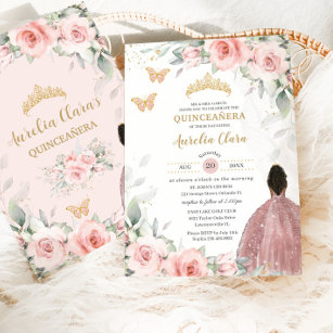 Blush Pink Sage Floral Brown Princess Quinceañera Invitation