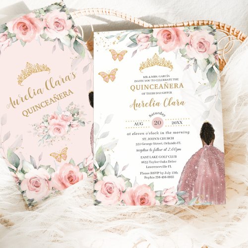 Blush Pink Sage Floral Brown Princess Quinceaera Invitation