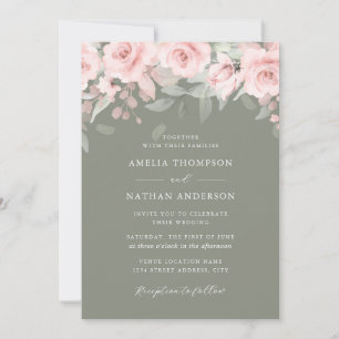 Blush Pink Sage Floral Elegant Wedding  Invitation