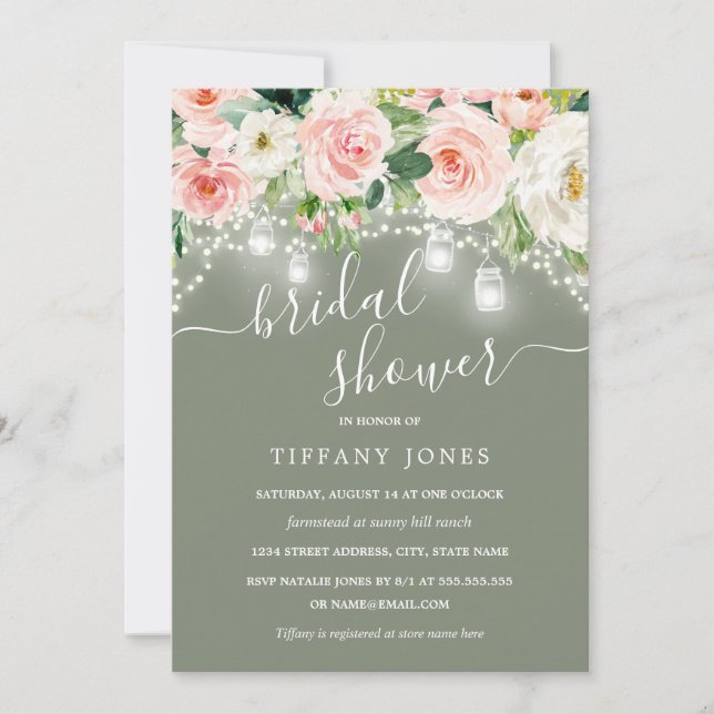 Blush Pink Sage Floral Lights Bridal Shower Invitation (Front)