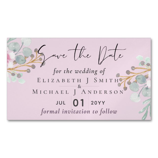 Blush Pink Sage Floral Wedding Save the Dates Business Card Magnet (Front)