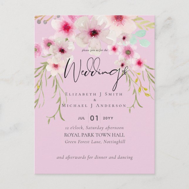 Blush Pink Sage Floral Wedding Script Budget Postcard (Front)