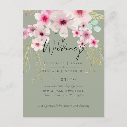 Blush Pink Sage Floral Wedding Script Budget Postcard