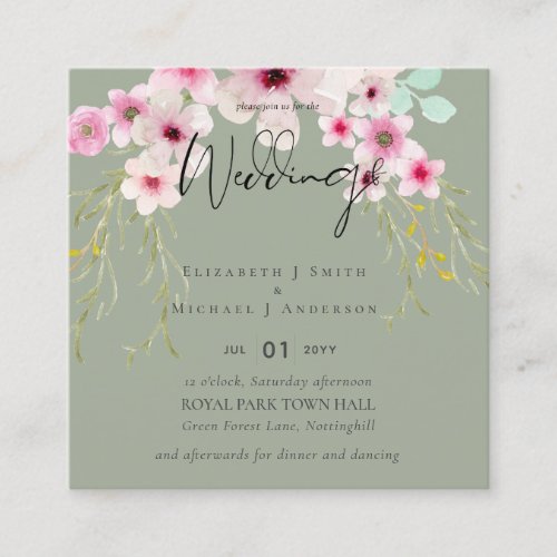 Blush Pink Sage Floral Wedding Script Budget Square Business Card