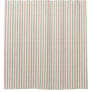 Blush Pink, Sage Green and White Scalloped Stripe Shower Curtain