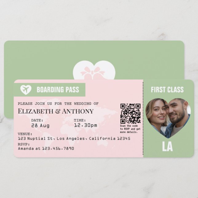 Blush Pink & Sage Green Boarding Pass Wedding Invitation (Front/Back)