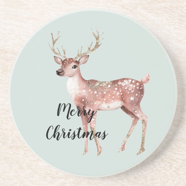 Blush  Pink Sage Green Christmas Deer Coaster (Front)