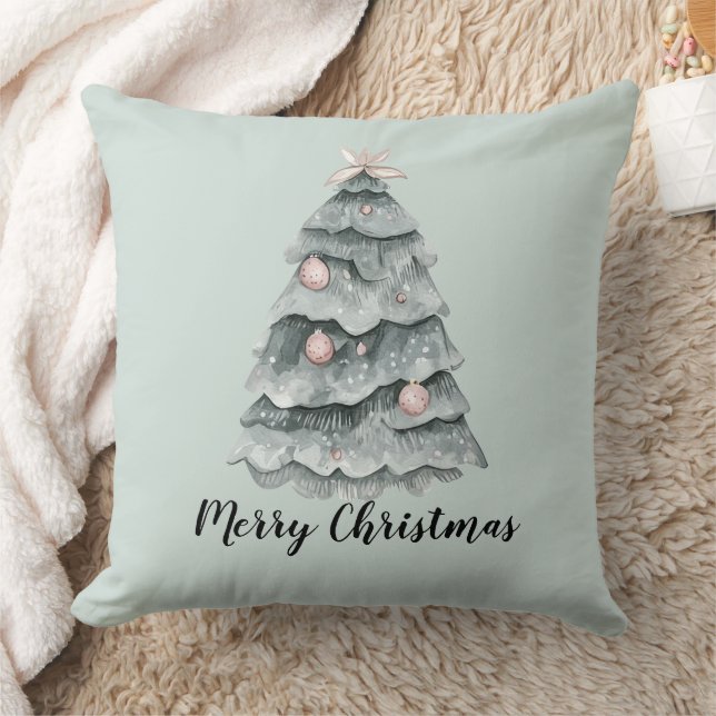Blush  Pink Sage Green Deer Christmas Tree  Throw Pillow (Blanket)