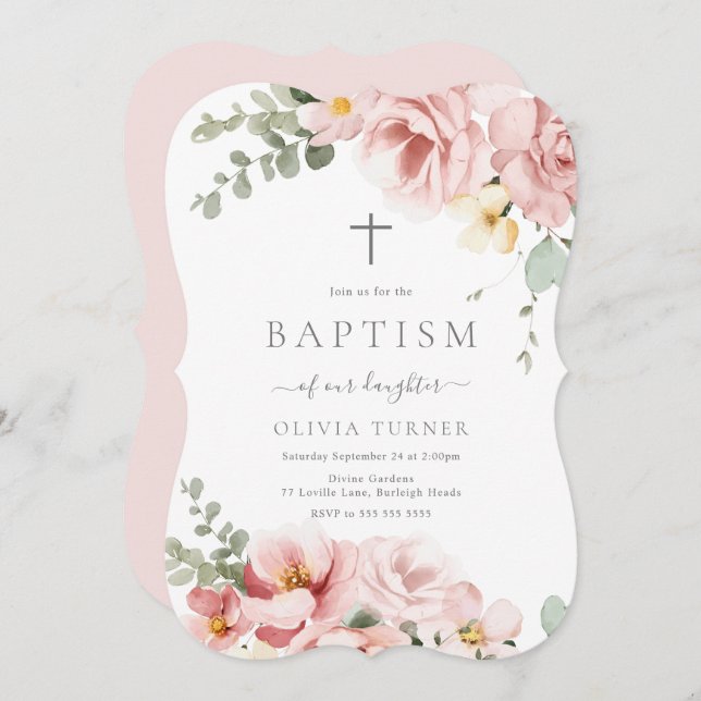 Blush Pink & Sage Green Floral Baptism Invitation (Front/Back)