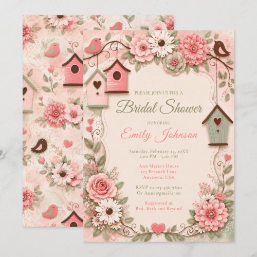 Blush Pink & Sage Green Floral Birds Bridal Shower Invitation