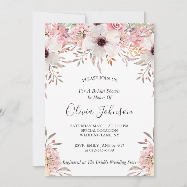 Blush Pink Sage Green Floral Garden Bridal Shower Invitation (Front)