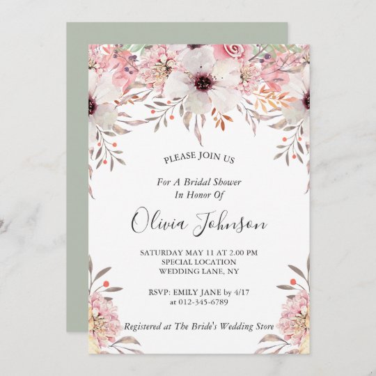 Blush Pink Sage Green Floral Garden Bridal Shower Invitation