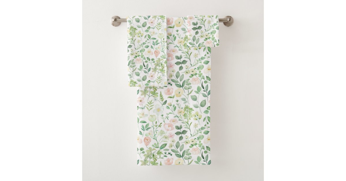 Blush Pink Sage Green Floral Greenery Watercolor Bath Towel Set | Zazzle
