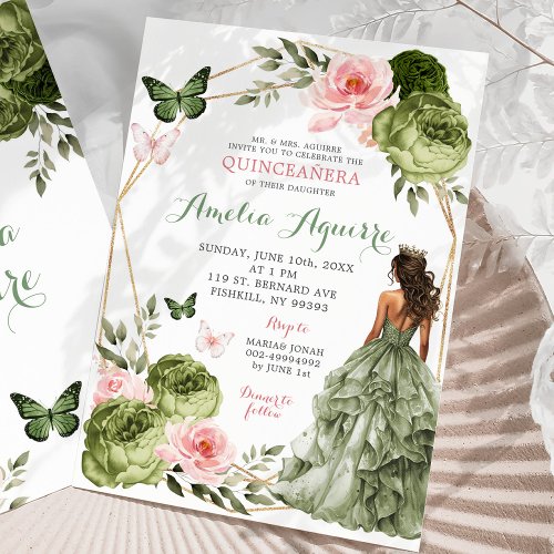 Blush Pink Sage Green Floral Mexican Quinceaera Invitation