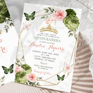 Blush Pink Sage Green Geometric Floral Quinceañera Invitation
