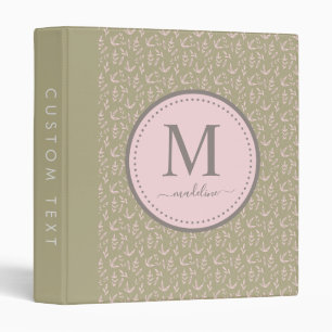 Blush Pink Sage Green Girly Monogram Leaf Pattern 3 Ring Binder