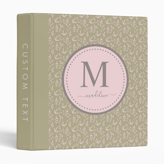 Blush Pink Sage Green Girly Monogram Leaf Pattern 3 Ring Binder (Front/Spine)